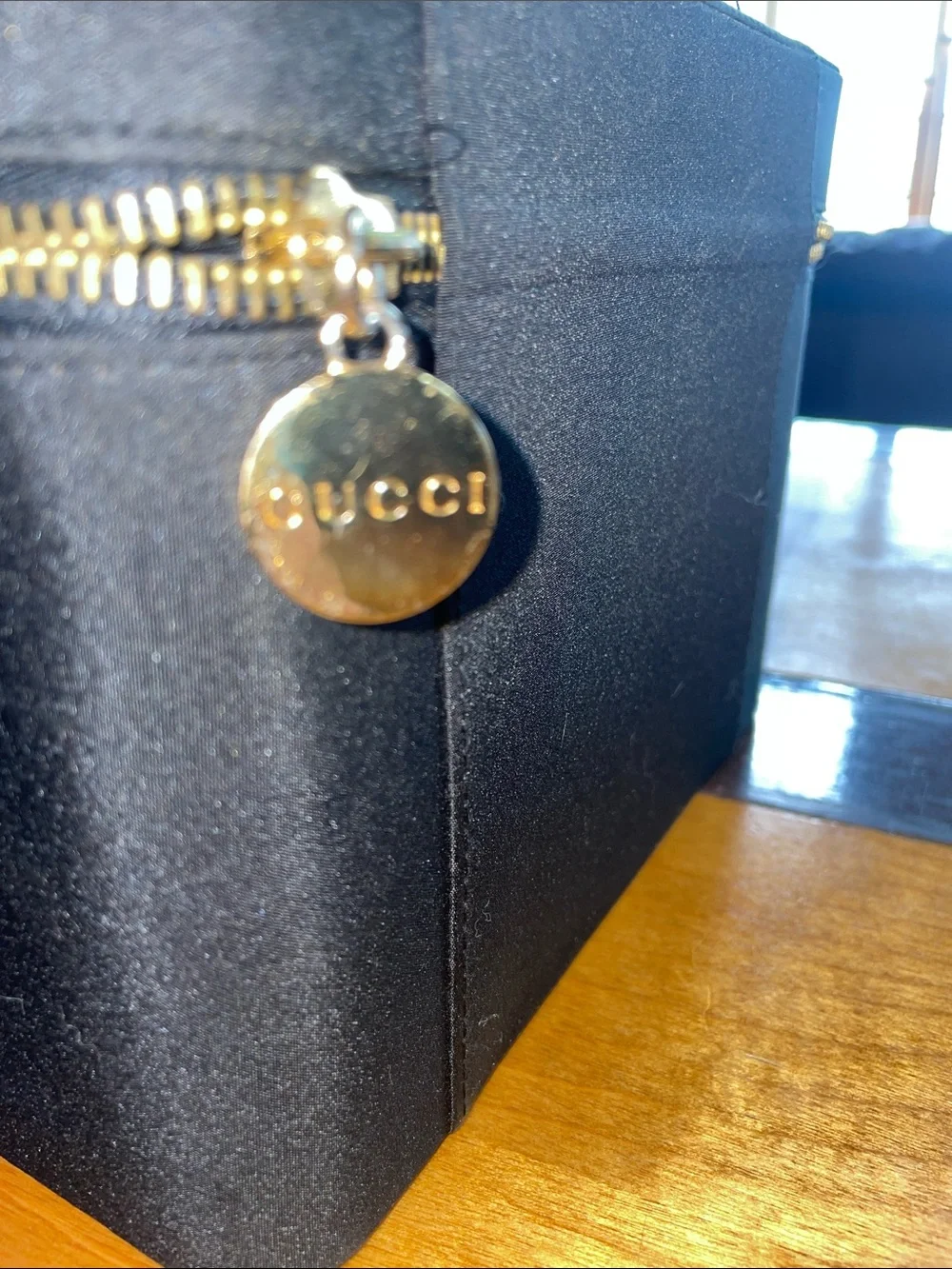 Gucci Black Cosmetic Case with Gold Logo and Zipper